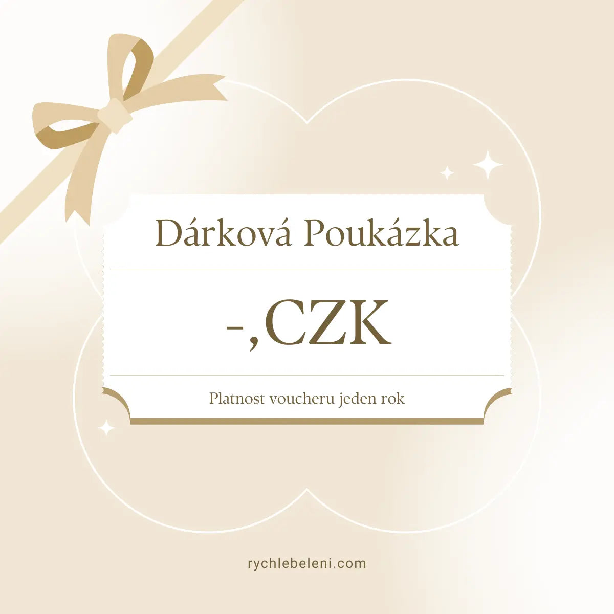 Grafika zobrazující dárkový poukaz s nápisem „Dárková Poukázka“ v béžových odstínech. Na kupónu je místo pro zadání hodnoty v CZK a informace, že voucher je platný jeden rok. Poukaz je ozdoben jemným vzorem ve tvaru srdce a mašlí v levém horním rohu.